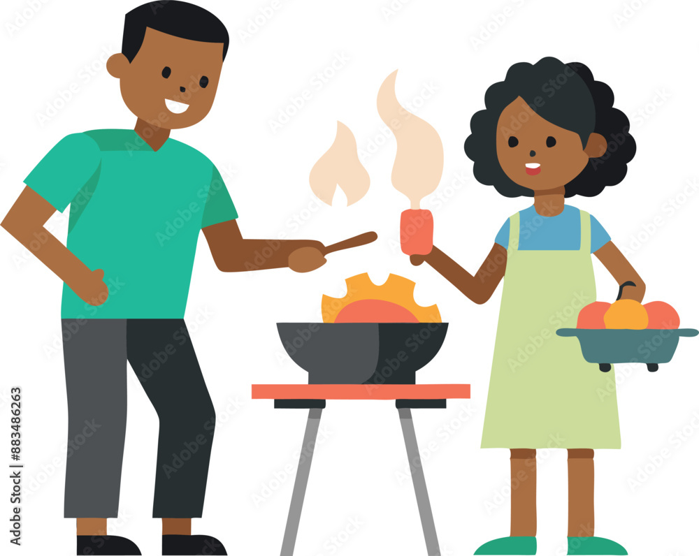 Happy cartoon couple grilling vegetables and meat together outdoor Happy cartoon couple grilling vegetables and meat together outdoor