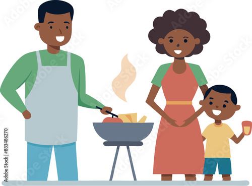 Family barbecue with father grilling and mother with child enjoying outdoors