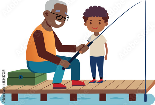 Grandfather and grandson fishing together on a wooden dock
