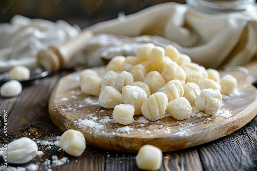 Close-up of freshly made gnocchi on a wooden board with flour. Food photography for Italian cuisine and home cooking themes. Close-up of freshly made gnocchi on a wooden board with flour. Food photography for Italian cuisine and home cooking themes.