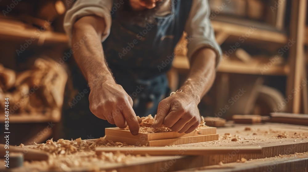 A craftsman uses a hand plane tool to shape a piece of wood in a workshop filled with wooden shavings and hand tools. A craftsman uses a hand plane tool to shape a piece of wood in a workshop filled with wooden shavings and hand tools.