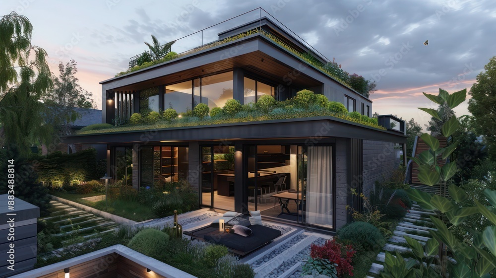 modern suburban farmhouse with a rooftop garden, offering a sustainable living space and panoramic views modern suburban farmhouse with a rooftop garden, offering a sustainable living space and panoramic views