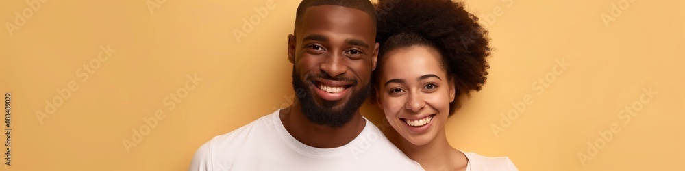 A man and woman are smiling at the camera. The man is wearing a white shirt and the woman is wearing a white shirt A man and woman are smiling at the camera. The man is wearing a white shirt and the woman is wearing a white shirt
