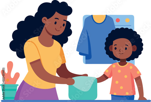 Mother and daughter doing household chores together in the laundry room