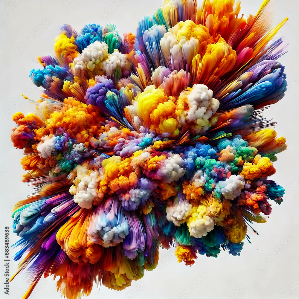 A vibrant burst of colored paint creates a cloud-like explosion against a white backdrop A vibrant burst of colored paint creates a cloud-like explosion against a white backdrop