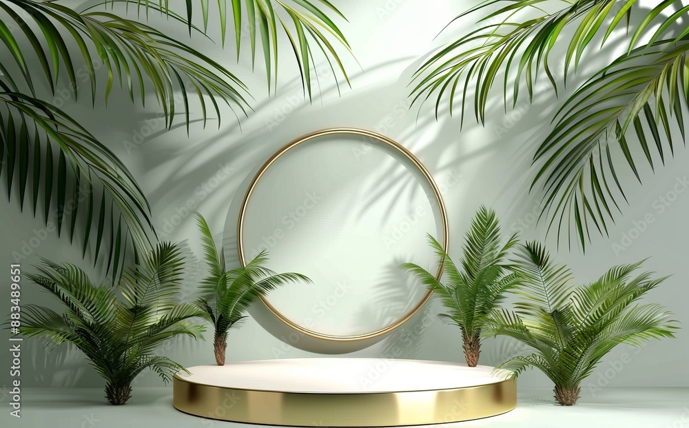 Elegant 3D white podium with golden frame and tropical plants for product display Elegant 3D white podium with golden frame and tropical plants for product display