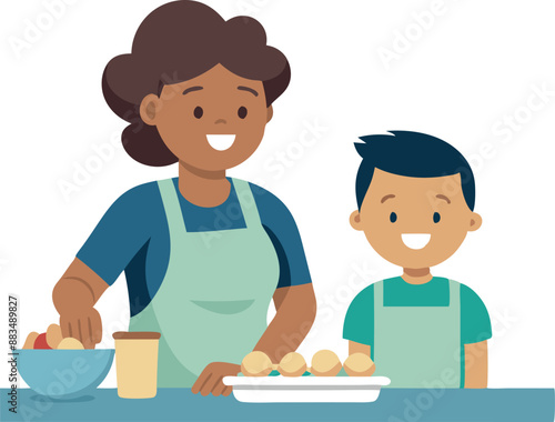 Illustration of mother and son baking together happily in the kitchen