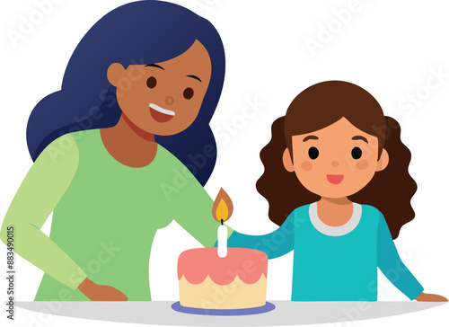 Mother and daughter celebrating birthday with cake and candle, joyful family moment