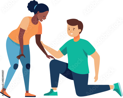 Illustration of a woman helping her friend stand up, symbolizing support and friendship
