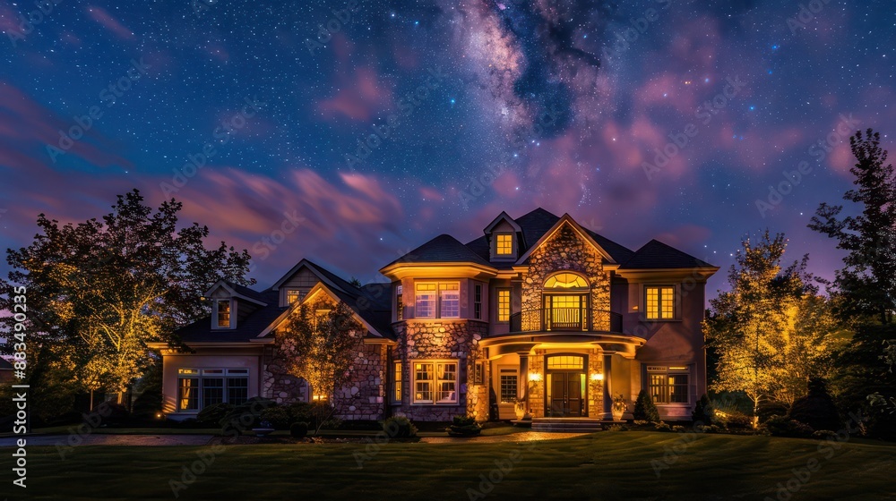 suburban farmhouse at night, with landscape lighting highlighting the architectural features and a starry sky overhead suburban farmhouse at night, with landscape lighting highlighting the architectural features and a starry sky overhead
