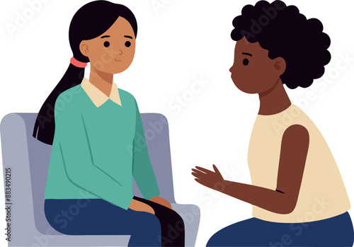 Two diverse women having a serious conversation while seated, expressing emotions and empathy