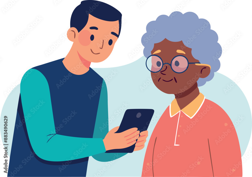 Obraz premium Young man helping elderly woman with smartphone technology to connect and communicate