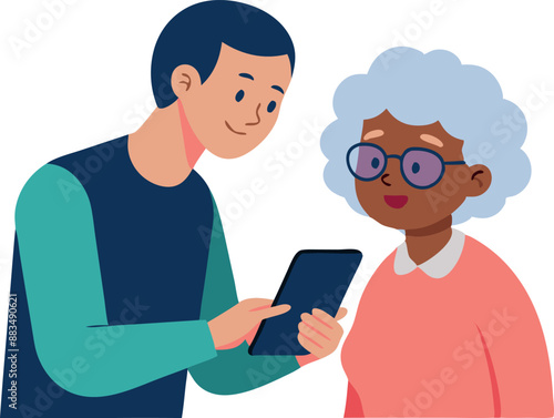 Young man helping elderly woman with smartphone, teaching technology skills