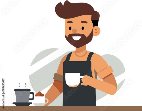 Smiling barista holding a cup of coffee behind the counter in a cafe