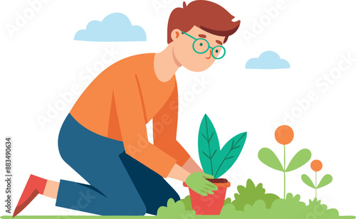 Illustration of man gardening with potted plant and blooming flowers in garden