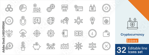 Cryptocurrency editable stroke icon set. Cryptocurrency, Blockchain, Bitcoin, Digital currency, Savings, Piggy bank, Growth chart and more line icon 