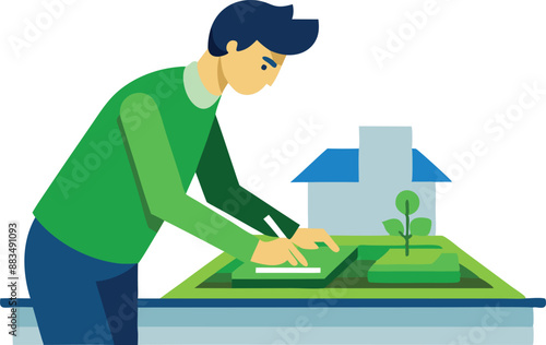 Illustration of man drawing architectural design for residential project with house model