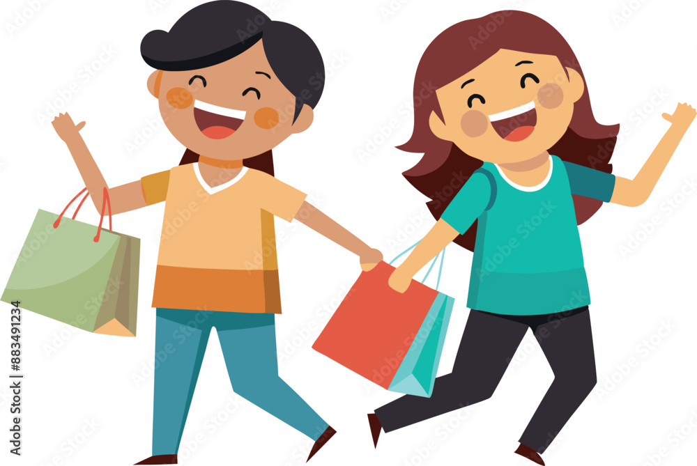 Happy friends shopping together with bags, enjoying joyful outdoor activity Happy friends shopping together with bags, enjoying joyful outdoor activity