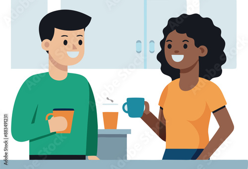 Two colleagues enjoying coffee break together in modern office kitchen