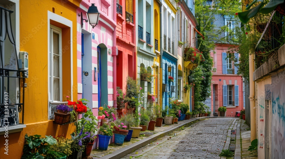 Fototapeta premium A photograph of colorful houses lining a charming narrow alleyway, with vibrant facades, flower-filled windowsills, and cobblestone pavement