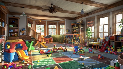 Wallpaper Mural suburban farmhouse with a large, colorful children's playroom, featuring a jungle gym, a slide, and a variety of educational toys Torontodigital.ca