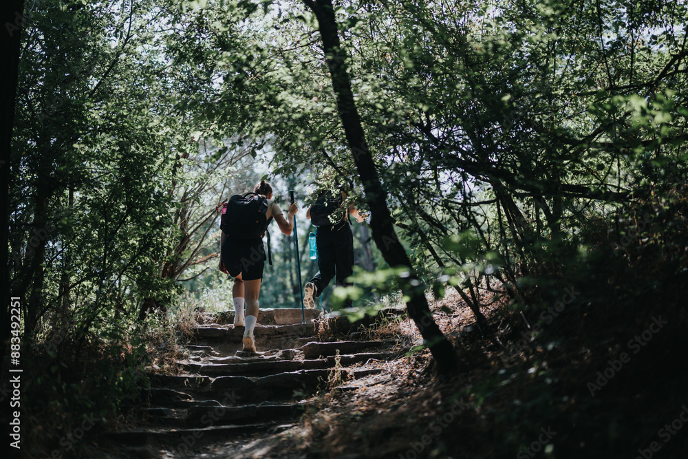 Hikers walking up a wooded trail surrounded by lush green trees on a sunny day, capturing the essence of adventure and nature exploration. Hikers walking up a wooded trail surrounded by lush green trees on a sunny day, capturing the essence of adventure and nature exploration.