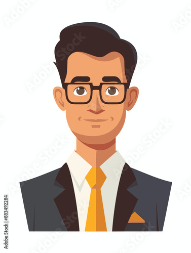 A man wearing glasses and a suit with a yellow tie. He is smiling. The image is of a cartoon man