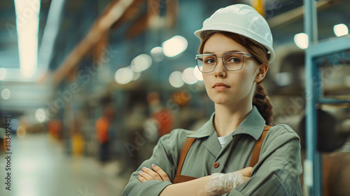 Young professional engineer, female worker, employee at industry or factory, woman with hardhat and protective glasses dressed in work suit standing in warehouse or storehouse, job, logistics.