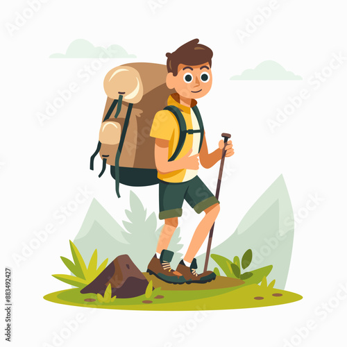 A young man is hiking up a mountain with a backpack and a walking stick. He is smiling and he is enjoying the hike