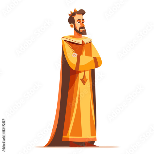 A man in a yellow robe stands with his arms crossed. He looks stern and serious. The image is of a king or a prince