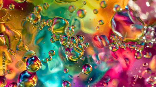 Closeup of colorful abstract liquid bubbles, macro view of transparent water drops or round circles with various color pigments in the background, clean pure aqua, with shiny rainbow reflections  photo