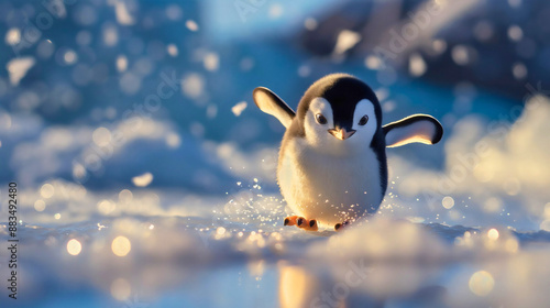 Illustration of a small, cute baby penguin running outside on snow or ice at the North or South Pole or Antarctica during wintertime, animal bird cartoon, anime or kawaii style fun graphic, frost snow photo