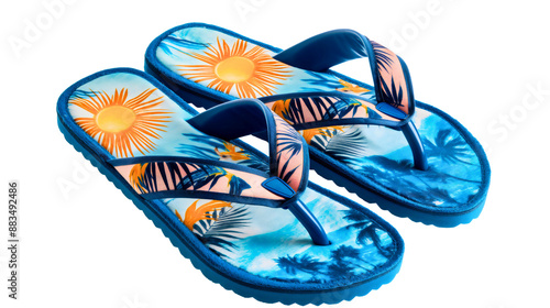 Flip-flops, a pair of sandals or slippers for men or children in blue color with a colorful summer design of the sun and palm trees, sea or ocean, isolated on a transparent background, footwear mockup