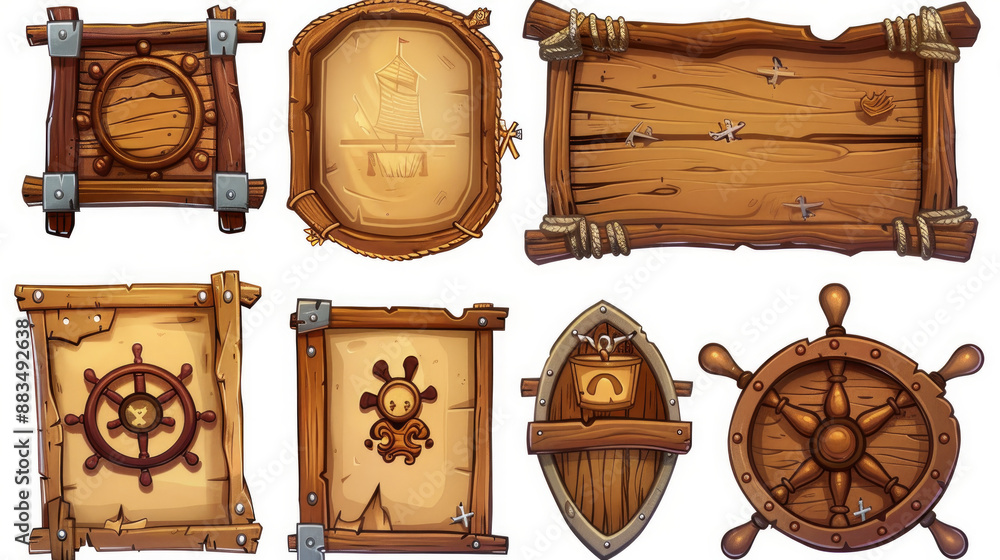 Fototapeta premium Design elements for pirate games - cartoon style wooden plates for menus with steering wheel, shop, and buttons. Wood interface frame and board, achievement counter, and level completion results.