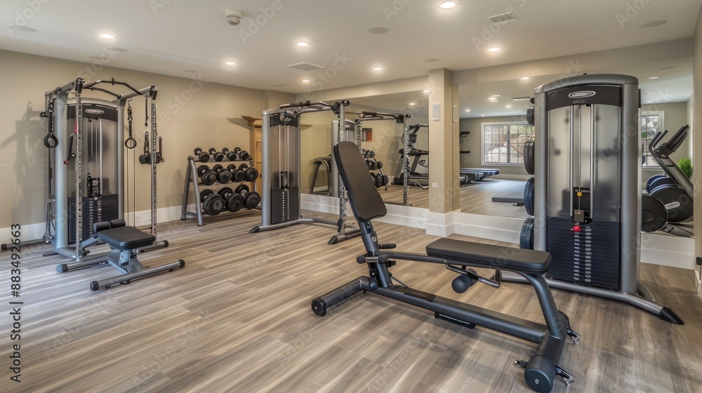 Fototapeta premium suburban farmhouse with a state-of-the-art fitness room, including a variety of exercise machines, free weights, and a designated area for yoga and Pilates