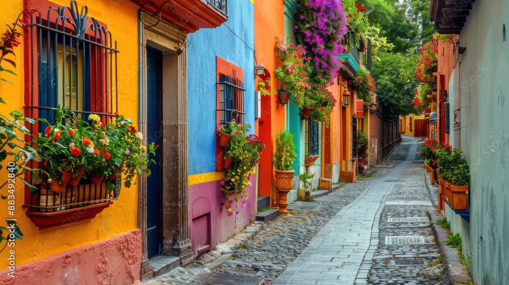 A photograph of colorful houses lining a charming narrow alleyway, with vibrant facades, flower-filled windowsills, and cobblestone pavement A photograph of colorful houses lining a charming narrow alleyway, with vibrant facades, flower-filled windowsills, and cobblestone pavement