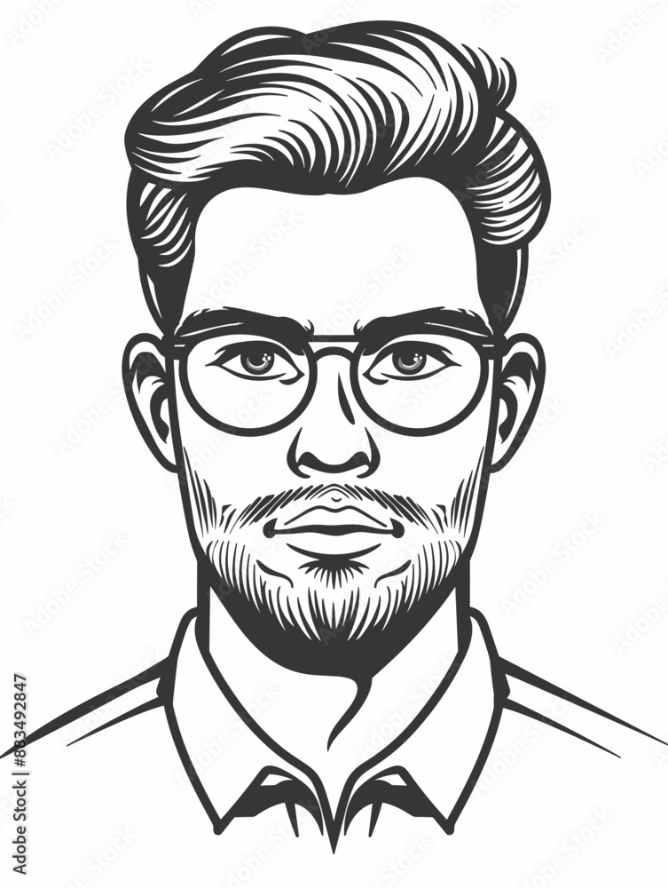 A man with glasses and a beard is drawn in black and white A man with glasses and a beard is drawn in black and white