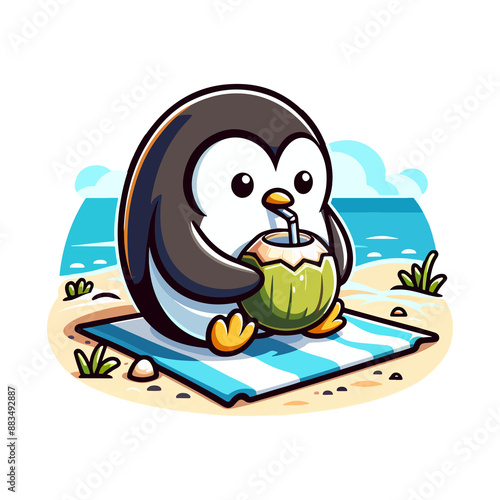 cute penguin drinking coconut on beach icon character