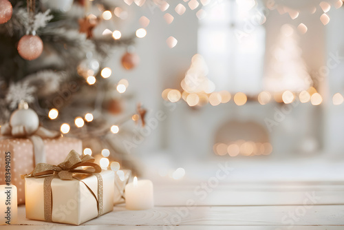 Gifts under Christmas tree by fireplace. White minimalistic scandi style New Year interior. Stack of presents in snow on floor. Blurred living room background with copy space. Cozy family holidays.  photo