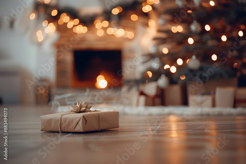 Gifts under Christmas tree by fireplace. Light minimalistic scandi style New Year interior. Craft present on wooden floor. Blurred living room background with copy space. Cozy family holidays photo