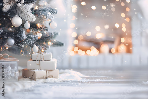 Gifts under Christmas tree by fireplace. White minimalistic scandi style New Year interior. Stack of presents in snow on floor. Blurred living room background with copy space. Cozy family holidays.  photo