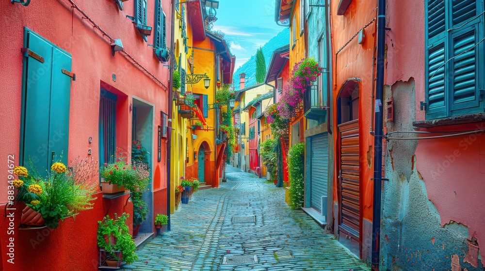 Naklejka premium A photograph of colorful houses lining a charming narrow alleyway, with vibrant facades, flower-filled windowsills, and cobblestone pavement