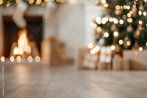 Blurred christmas interior in scandy style with empty floor for product presentation. Christmas and New Year banner with copy space. Composition with festive holiday decor. Mocha mousse color of year photo