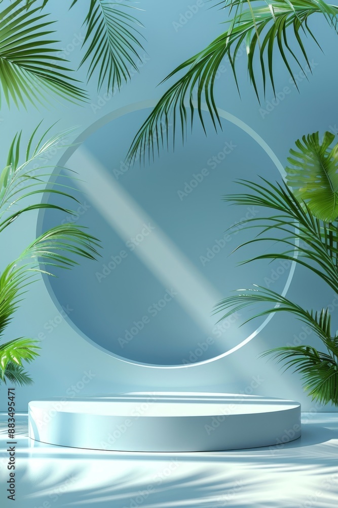 Fototapeta premium Minimalist blue and white podium with tropical leaves in a modern setting
