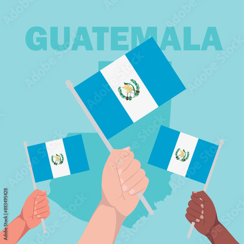 Diverse people celebrate independence day with their hands up raising flags from Guatemala. Group of people holding Guatemala Flags. Independence day celebration concept. 