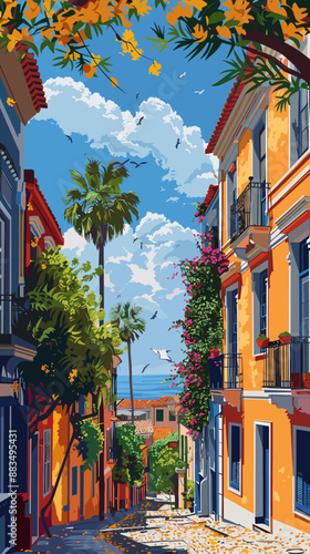 Street with palm trees and flowers in the old town of Venice, Italy