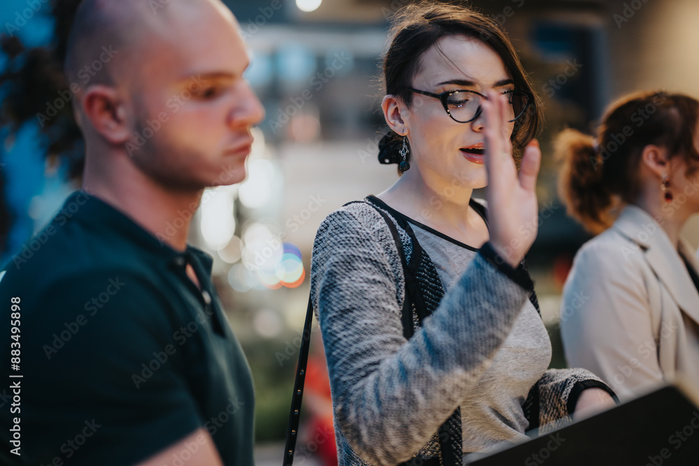 Two young professionals engaged in a discussion during a night business meeting outdoors, with blurred lights in the background. Two young professionals engaged in a discussion during a night business meeting outdoors, with blurred lights in the background.