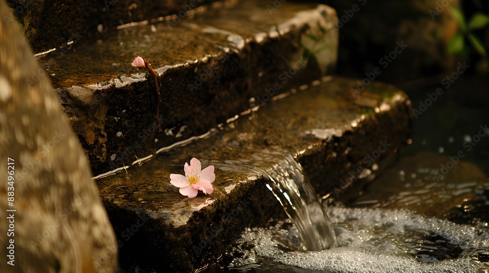 Serene Stone Steps with Pink Flower and Flowing Water Serene Stone Steps with Pink Flower and Flowing Water