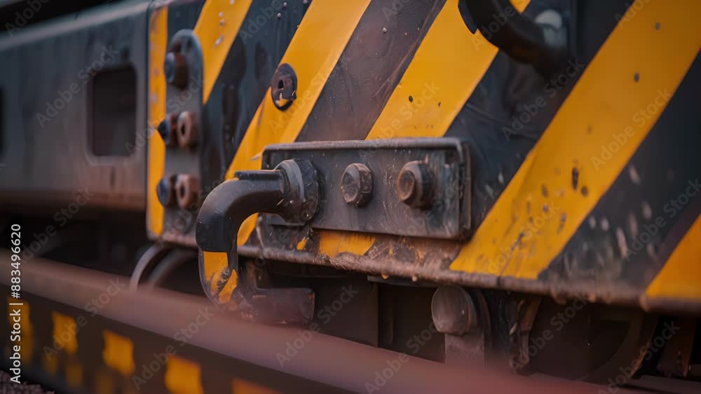 View of a tow hook on a trucks front bumper featuring a triangular design with bold black and yellow stripes. View of a tow hook on a trucks front bumper featuring a triangular design with bold black and yellow stripes.