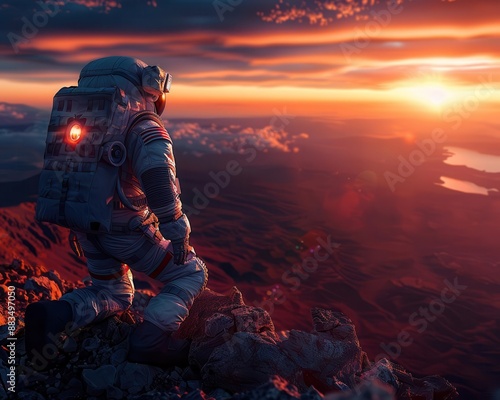 Breathtaking space exploration scene, astronaut overlooking Mars landscape, humanity s leap into the cosmos